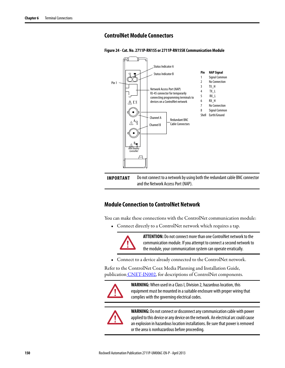 Controlnet module connectors, Module connection to controlnet network | Rockwell Automation 2711P-xxxx PanelView Plus 6 Terminals User Manual User Manual | Page 150 / 186