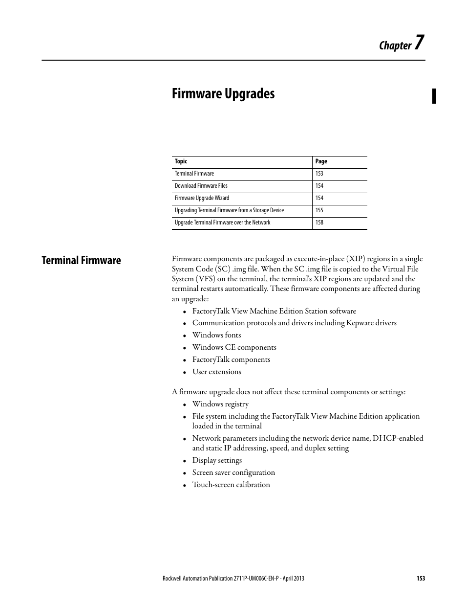 7 - firmware upgrades, Terminal firmware, Chapter 7 | Firmware upgrades, Chapter | Rockwell Automation 2711P-xxxx PanelView Plus 6 Terminals User Manual User Manual | Page 153 / 186