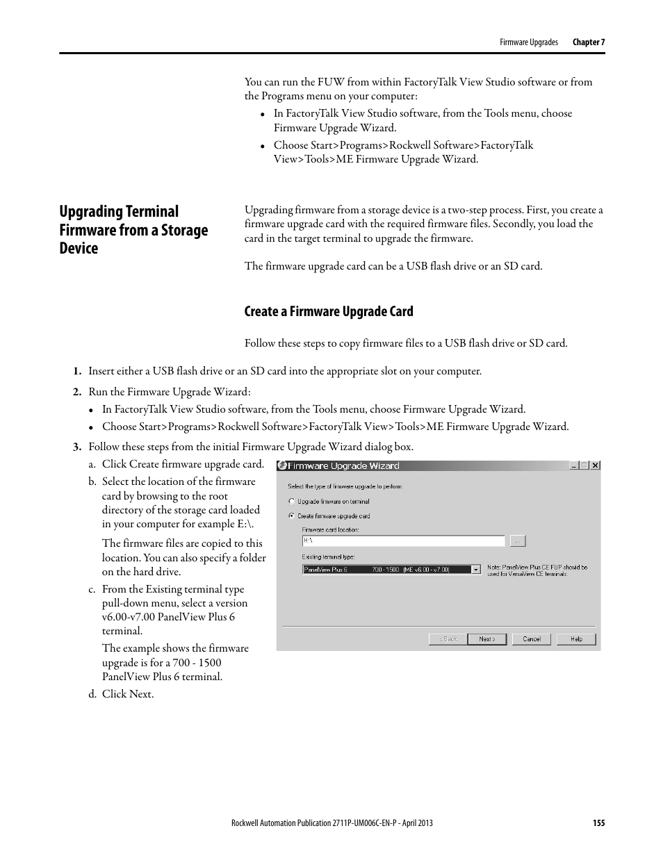 Upgrading terminal firmware from a storage device, Create a firmware upgrade card | Rockwell Automation 2711P-xxxx PanelView Plus 6 Terminals User Manual User Manual | Page 155 / 186