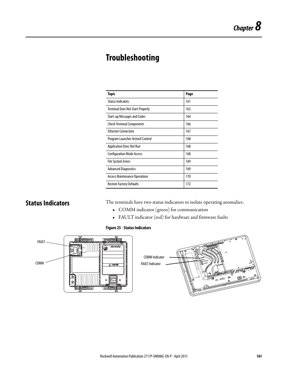 8 - troubleshooting, Status indicators, Chapter 8 | Troubleshooting, Chapter | Rockwell Automation 2711P-xxxx PanelView Plus 6 Terminals User Manual User Manual | Page 161 / 186