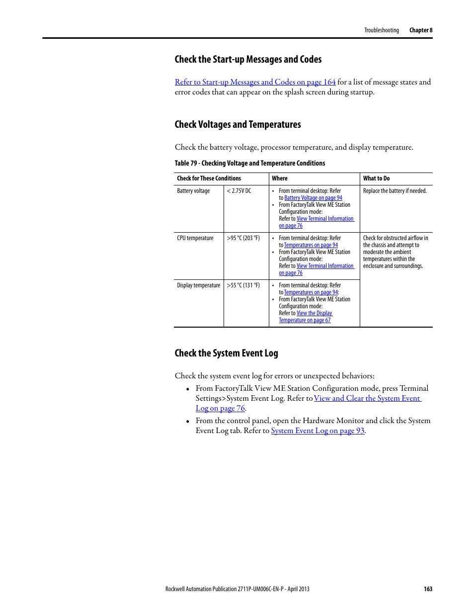 Check the start-up messages and codes, Check voltages and temperatures, Check the system event log | Rockwell Automation 2711P-xxxx PanelView Plus 6 Terminals User Manual User Manual | Page 163 / 186