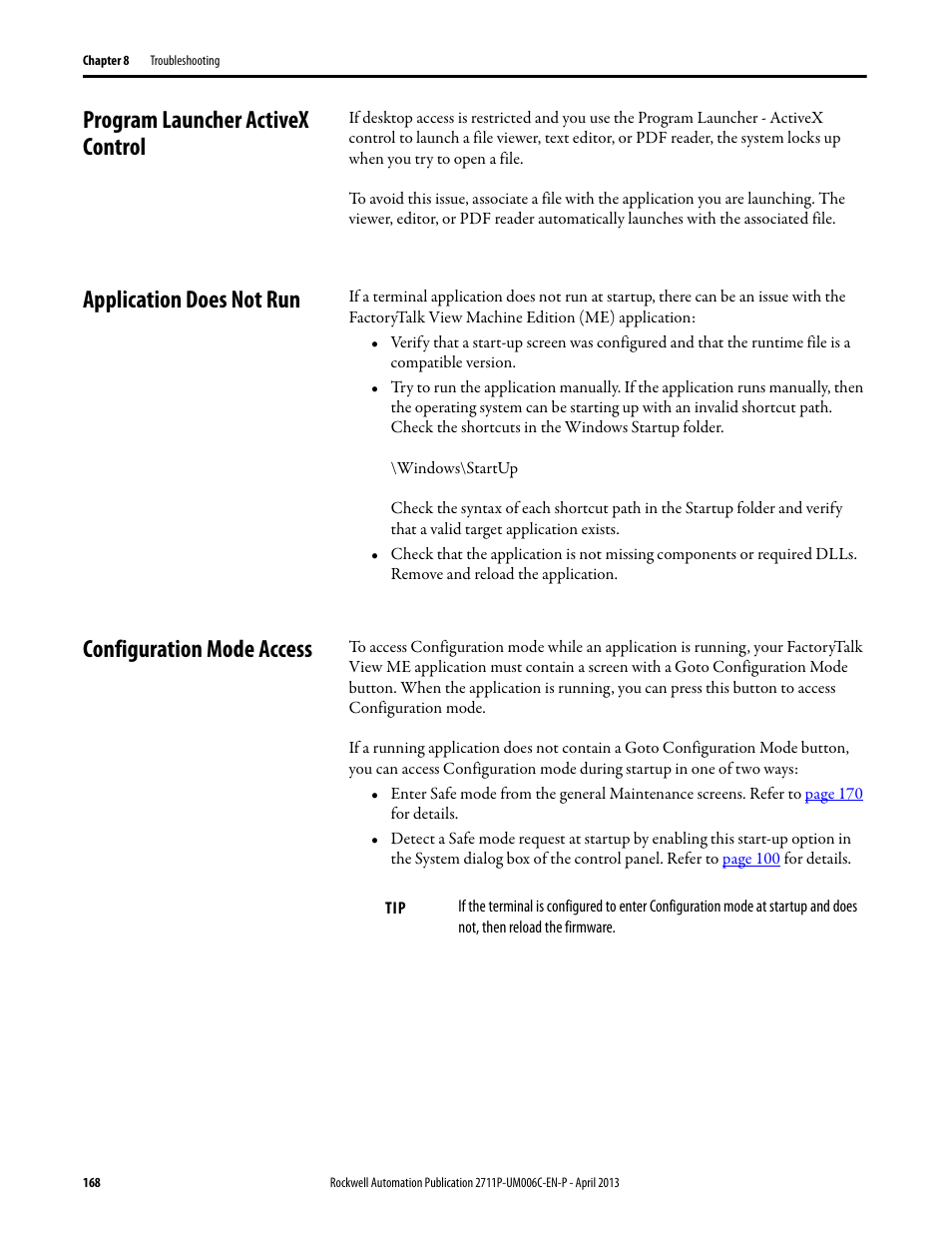 Program launcher activex control, Application does not run, Configuration mode access | Refer to | Rockwell Automation 2711P-xxxx PanelView Plus 6 Terminals User Manual User Manual | Page 168 / 186