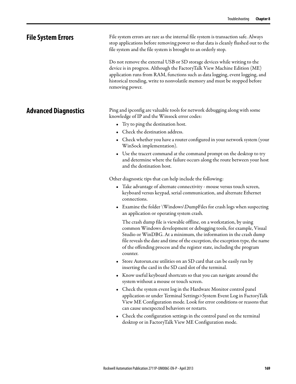 File system errors, Advanced diagnostics, File system errors advanced diagnostics | Rockwell Automation 2711P-xxxx PanelView Plus 6 Terminals User Manual User Manual | Page 169 / 186