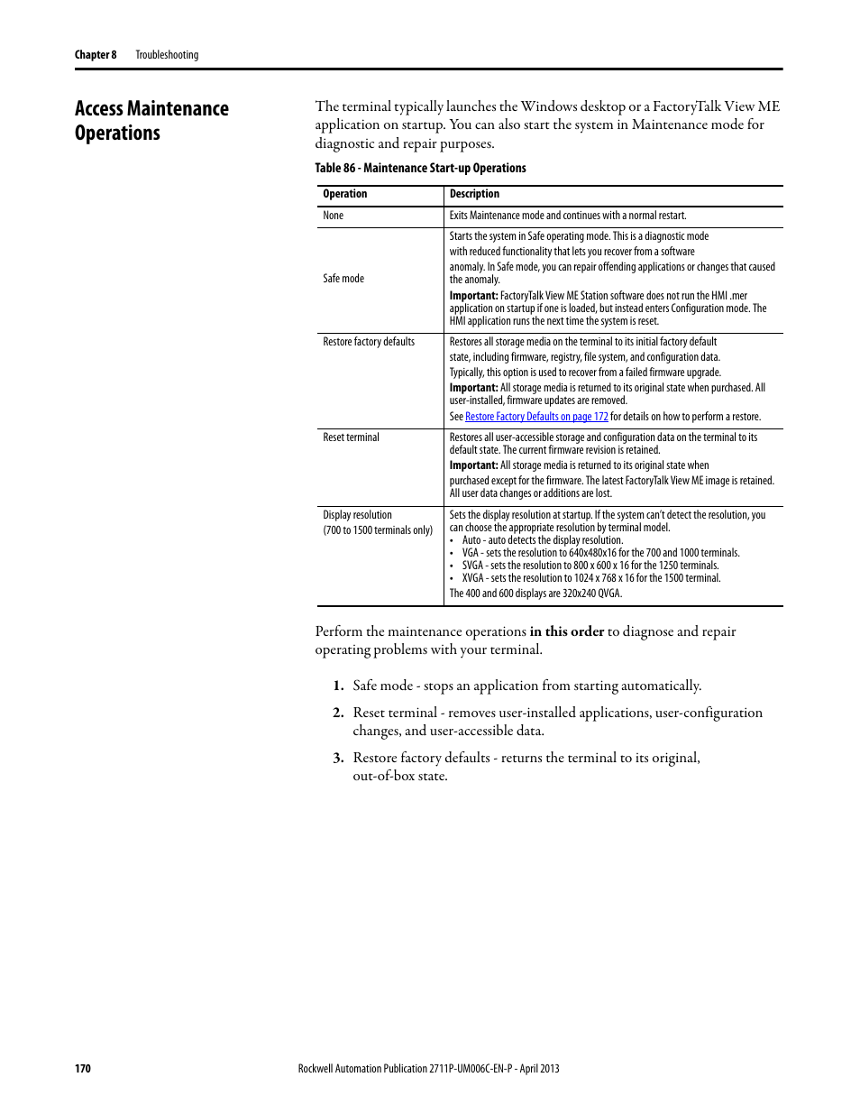 Access maintenance operations, Refer to, Access | Access maintenance operations on | Rockwell Automation 2711P-xxxx PanelView Plus 6 Terminals User Manual User Manual | Page 170 / 186