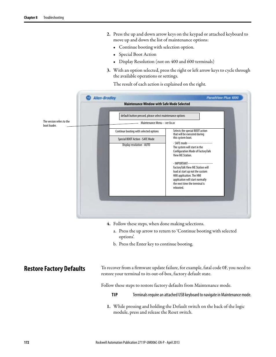 Restore factory defaults | Rockwell Automation 2711P-xxxx PanelView Plus 6 Terminals User Manual User Manual | Page 172 / 186