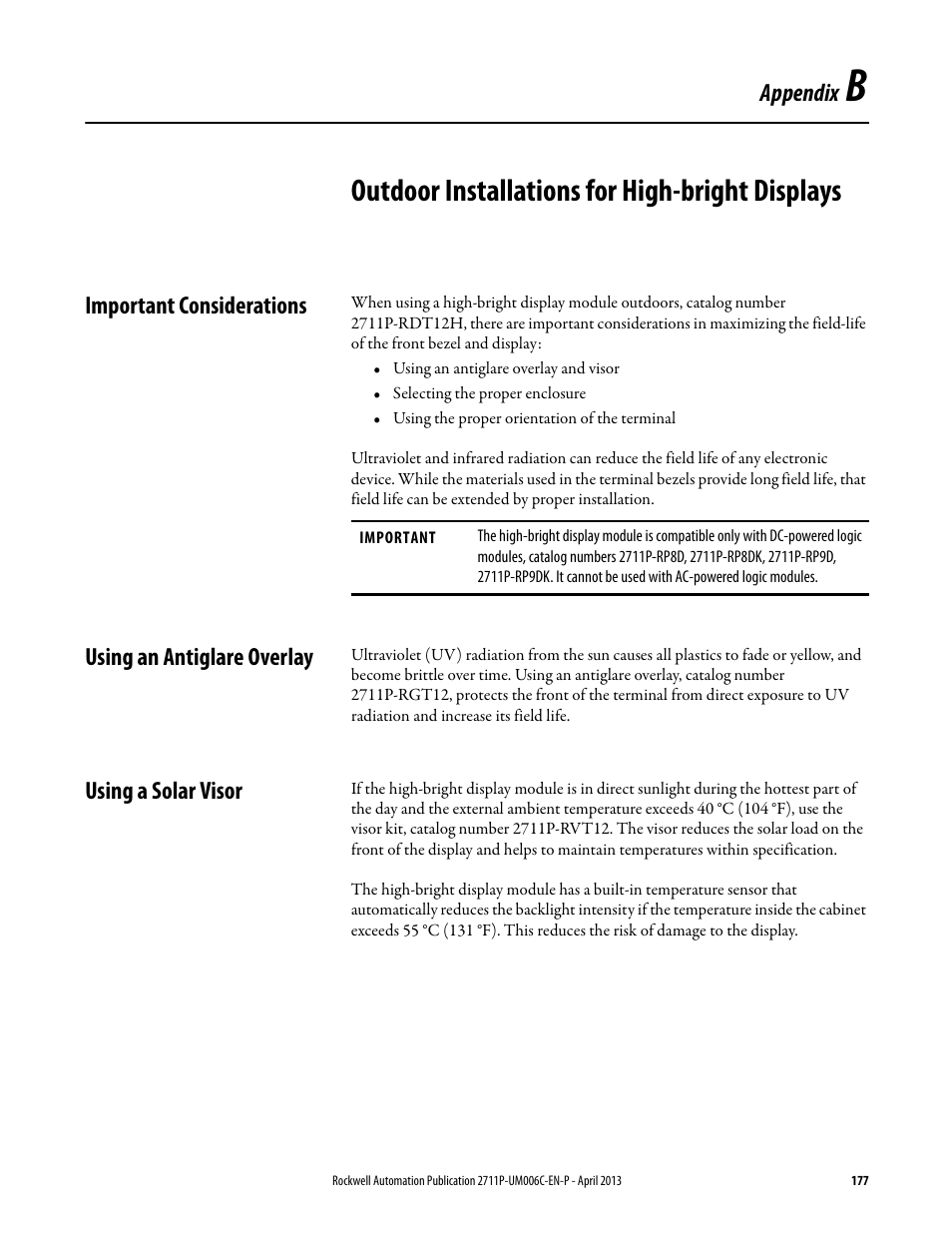 B - outdoor installations for high-bright displays, Important considerations, Using an antiglare overlay | Using a solar visor, Appendix b, Outdoor installations for high-bright displays, Appendix | Rockwell Automation 2711P-xxxx PanelView Plus 6 Terminals User Manual User Manual | Page 177 / 186