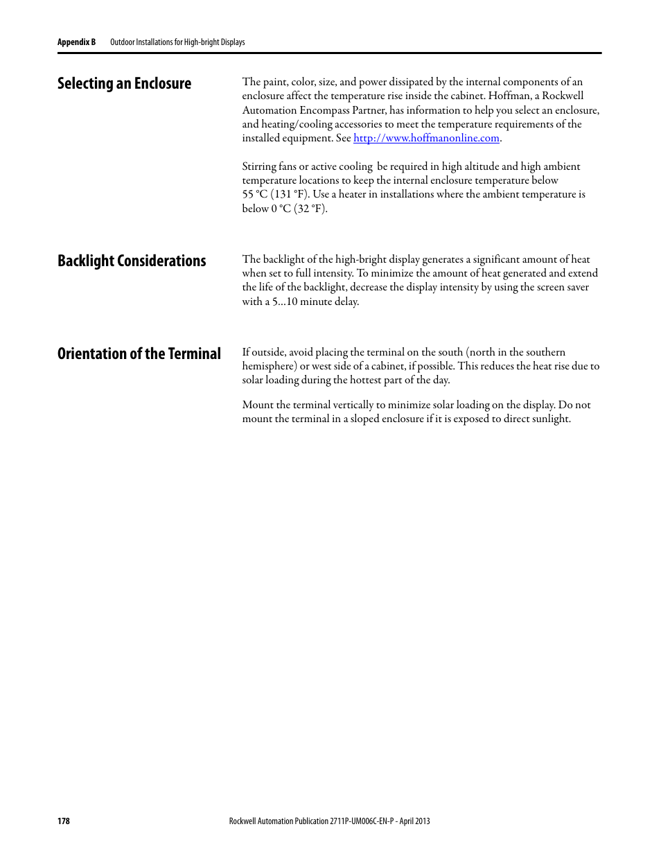 Selecting an enclosure, Backlight considerations, Orientation of the terminal | Rockwell Automation 2711P-xxxx PanelView Plus 6 Terminals User Manual User Manual | Page 178 / 186