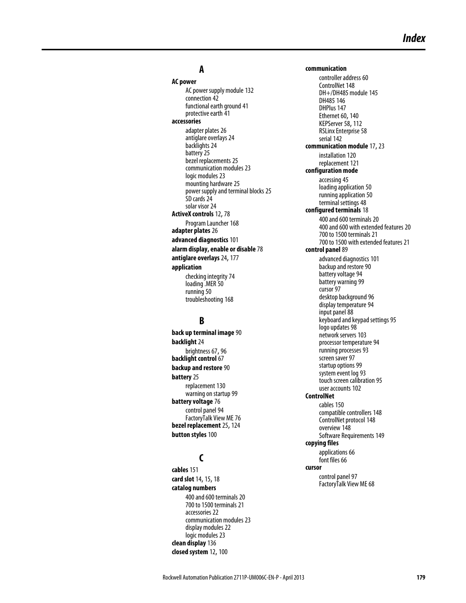 Index | Rockwell Automation 2711P-xxxx PanelView Plus 6 Terminals User Manual User Manual | Page 179 / 186