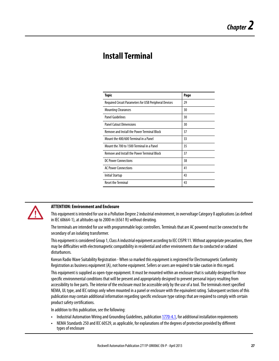 2 - install terminal, Chapter 2, Install terminal | Chapter | Rockwell Automation 2711P-xxxx PanelView Plus 6 Terminals User Manual User Manual | Page 27 / 186