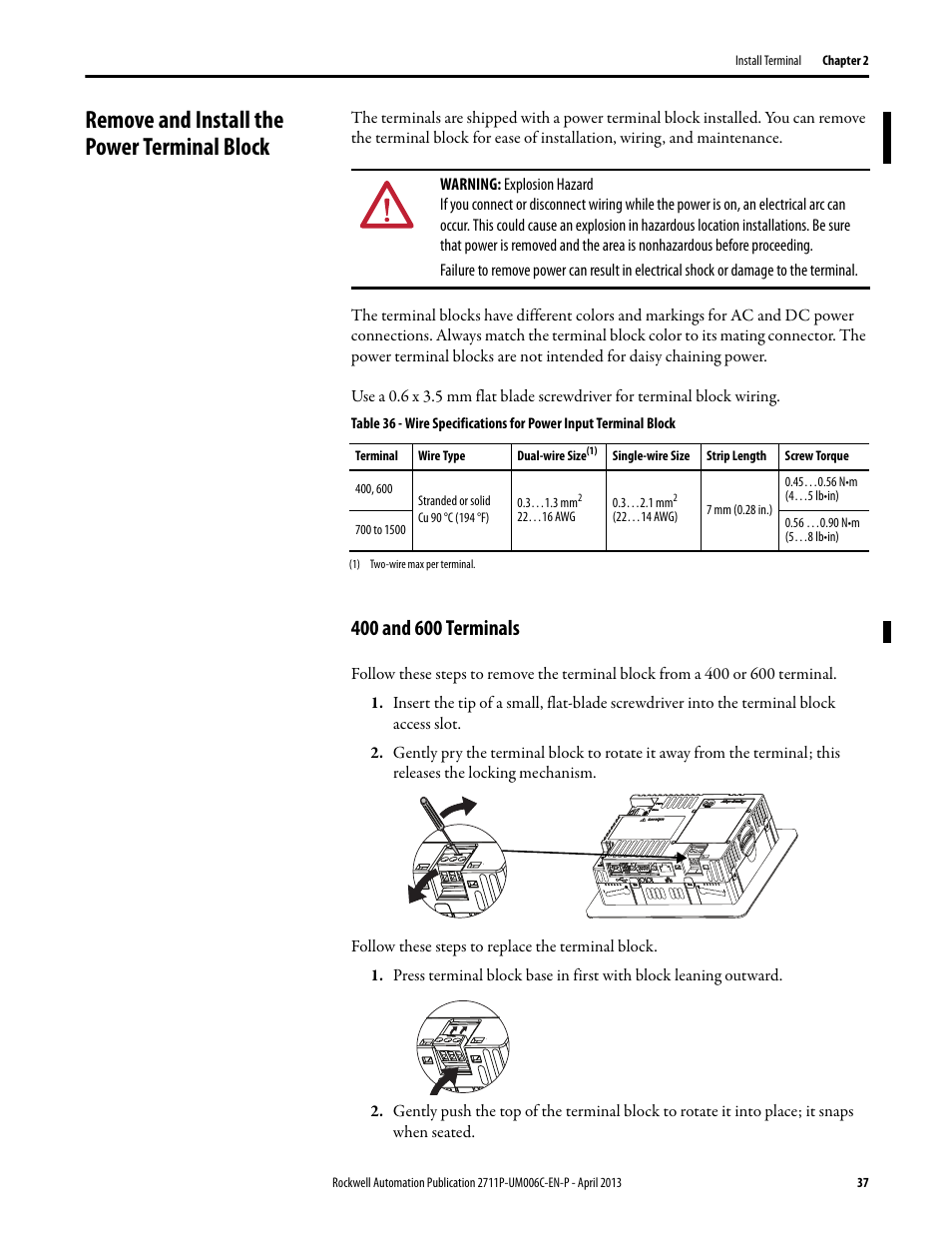 Remove and install the power terminal block, 400 and 600 terminals | Rockwell Automation 2711P-xxxx PanelView Plus 6 Terminals User Manual User Manual | Page 37 / 186