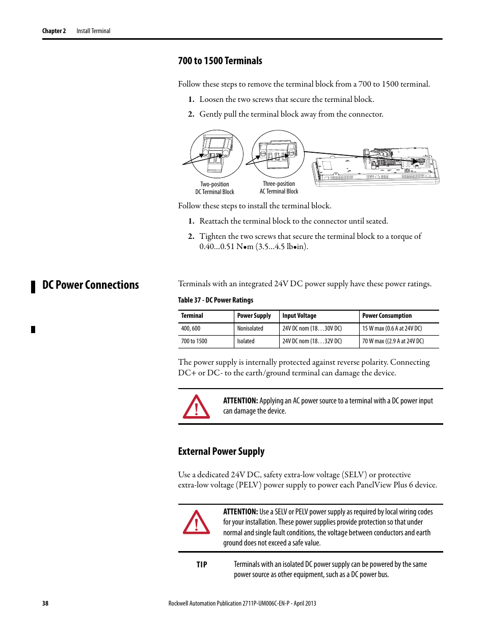 700 to 1500 terminals, Dc power connections, External power supply | Rockwell Automation 2711P-xxxx PanelView Plus 6 Terminals User Manual User Manual | Page 38 / 186