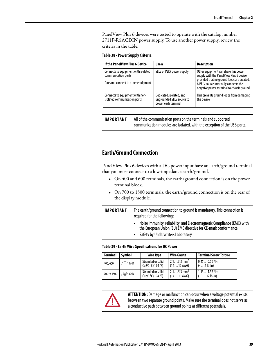 Earth/ground connection | Rockwell Automation 2711P-xxxx PanelView Plus 6 Terminals User Manual User Manual | Page 39 / 186