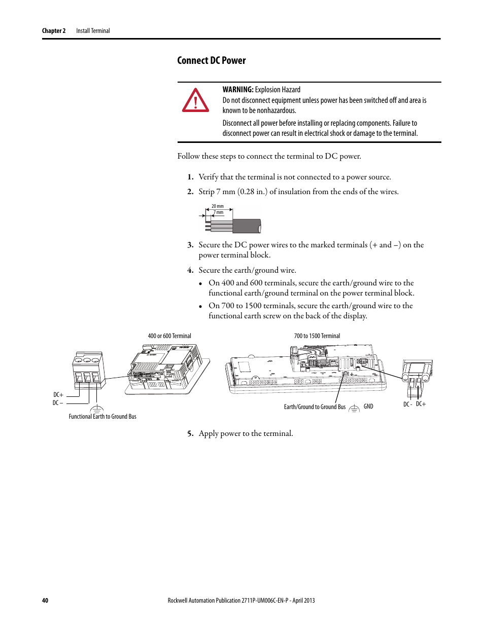 Connect dc power | Rockwell Automation 2711P-xxxx PanelView Plus 6 Terminals User Manual User Manual | Page 40 / 186