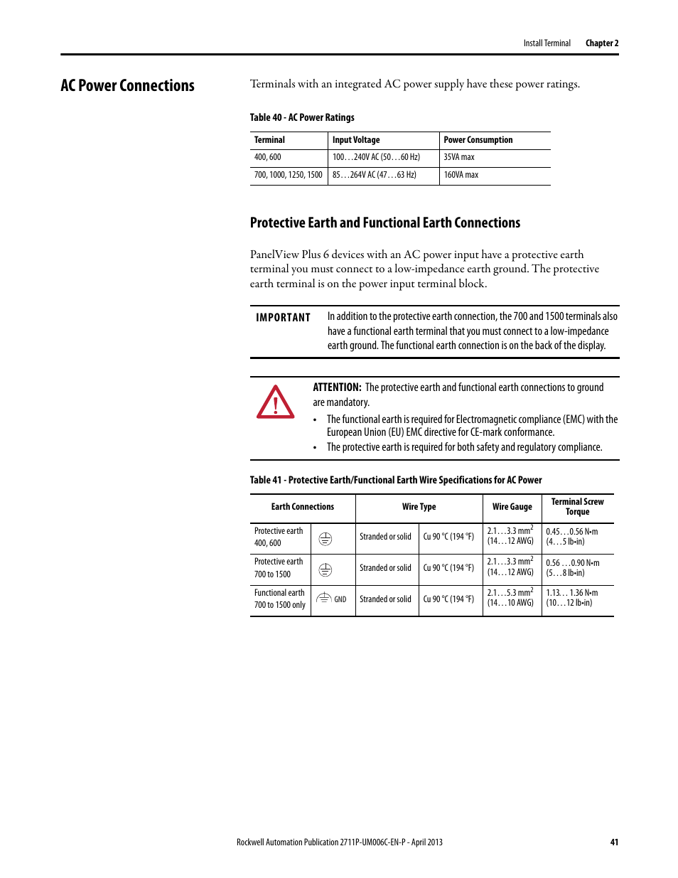 Ac power connections, Protective earth and functional earth connections | Rockwell Automation 2711P-xxxx PanelView Plus 6 Terminals User Manual User Manual | Page 41 / 186