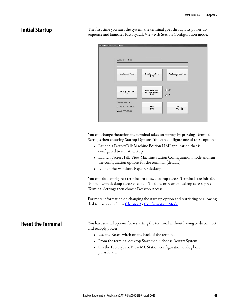 Initial startup, Reset the terminal, Initial startup reset the terminal | Rockwell Automation 2711P-xxxx PanelView Plus 6 Terminals User Manual User Manual | Page 43 / 186