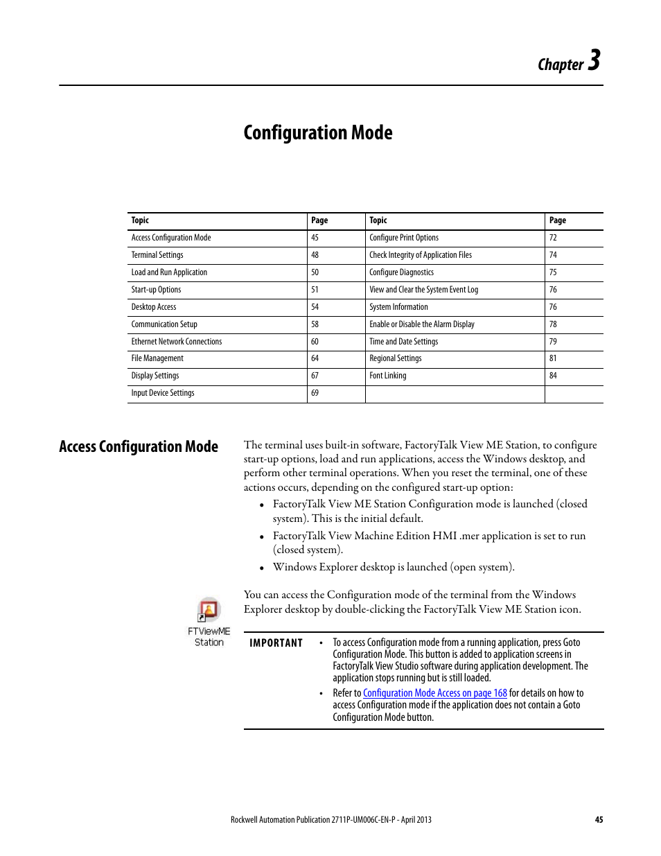 3 - configuration mode, Access configuration mode, Chapter 3 | Configuration mode, Refer to, Chapter | Rockwell Automation 2711P-xxxx PanelView Plus 6 Terminals User Manual User Manual | Page 45 / 186