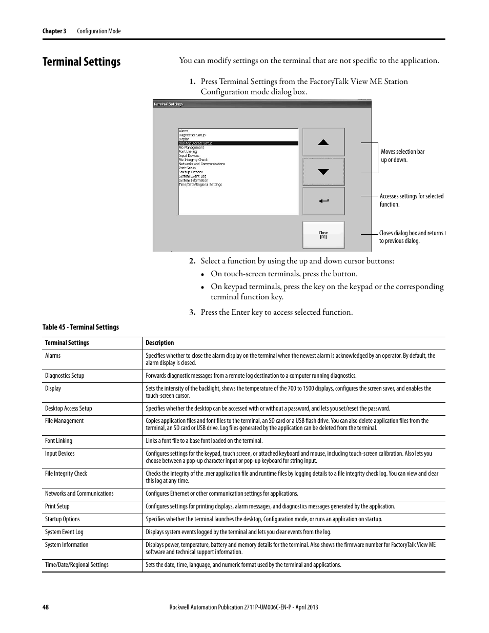 Terminal settings | Rockwell Automation 2711P-xxxx PanelView Plus 6 Terminals User Manual User Manual | Page 48 / 186