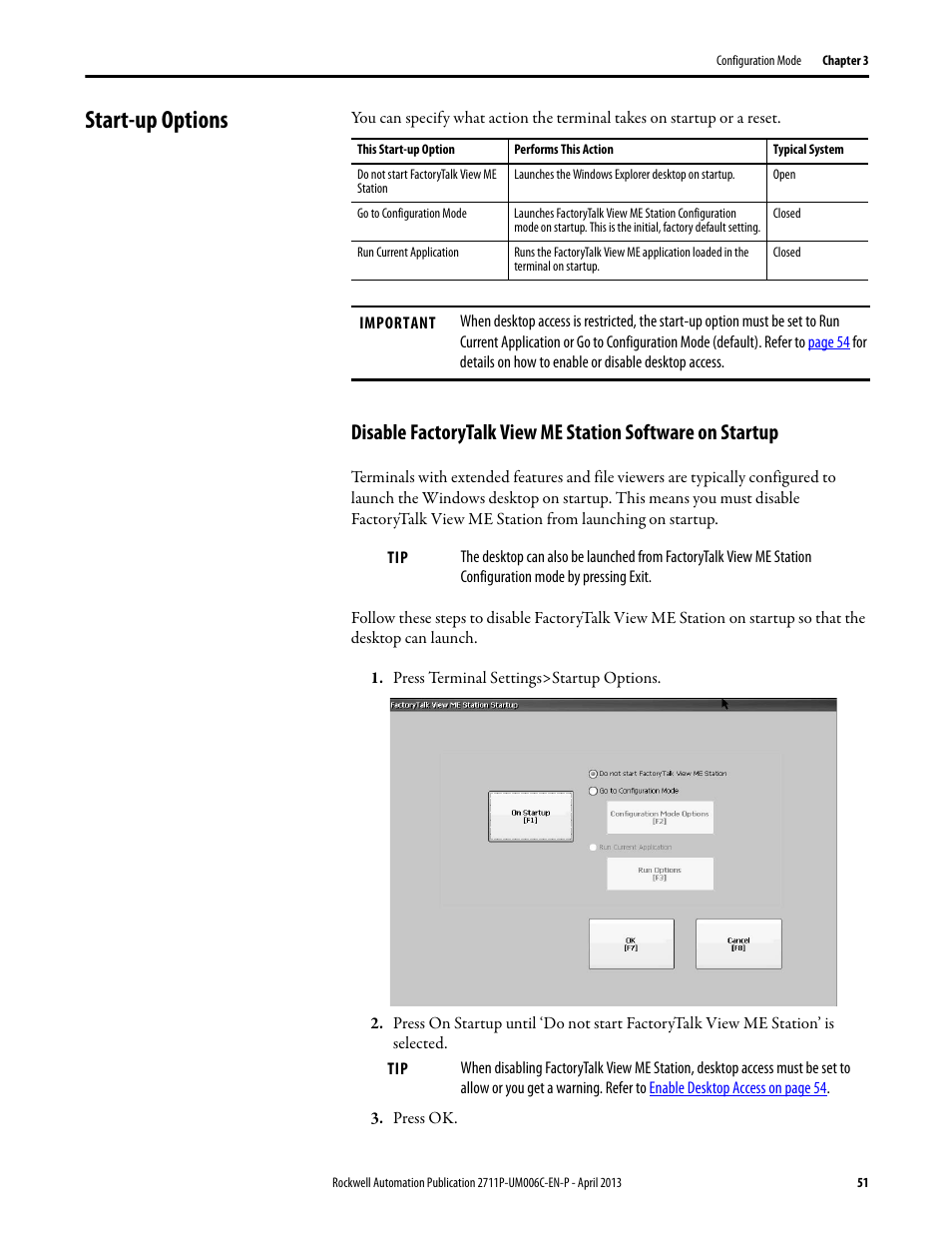 Start-up options, De. refer to, Start-up options on | Refer to | Rockwell Automation 2711P-xxxx PanelView Plus 6 Terminals User Manual User Manual | Page 51 / 186