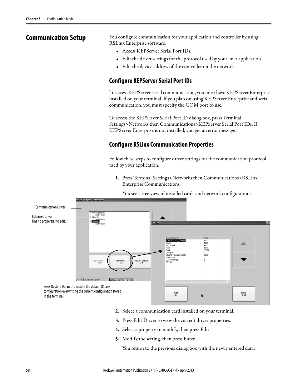 Communication setup, Configure kepserver serial port ids, Configure rslinx communication properties | Rockwell Automation 2711P-xxxx PanelView Plus 6 Terminals User Manual User Manual | Page 58 / 186