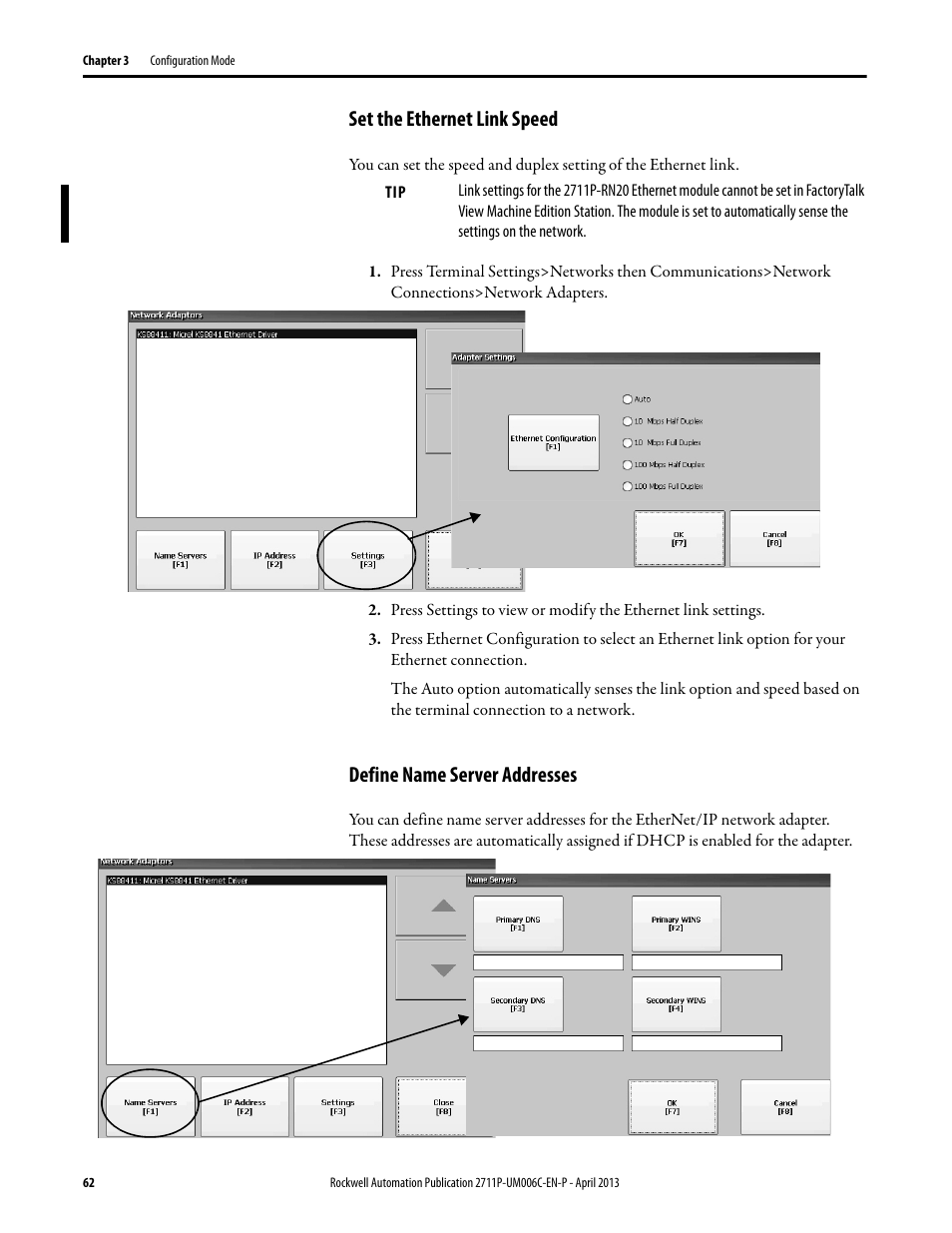 Set the ethernet link speed, Define name server addresses | Rockwell Automation 2711P-xxxx PanelView Plus 6 Terminals User Manual User Manual | Page 62 / 186