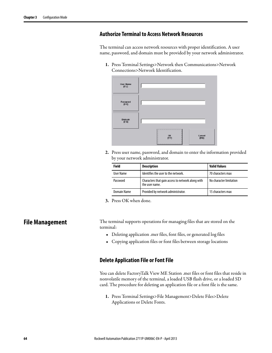 Authorize terminal to access network resources, File management, Delete application file or font file | Rockwell Automation 2711P-xxxx PanelView Plus 6 Terminals User Manual User Manual | Page 64 / 186