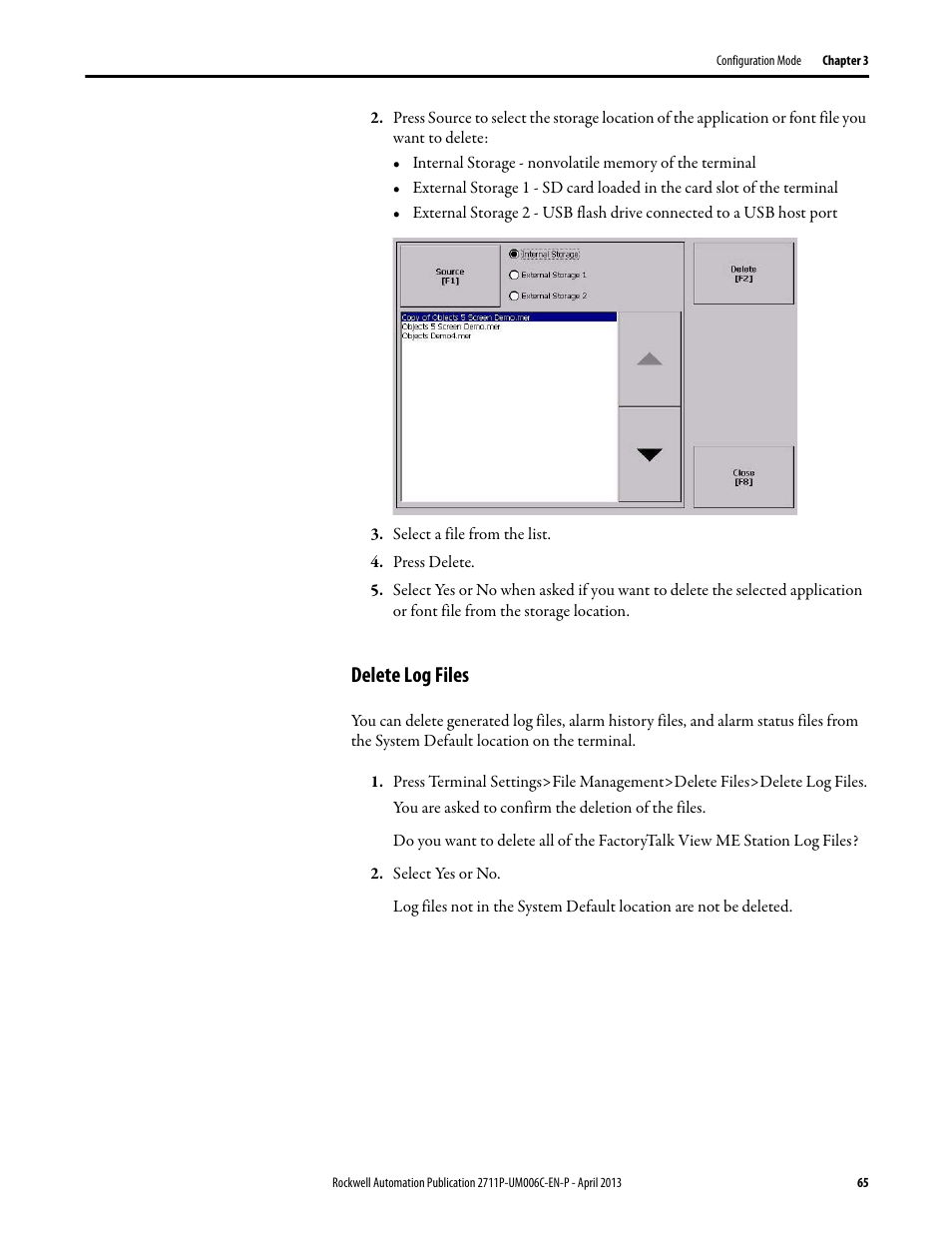 Delete log files | Rockwell Automation 2711P-xxxx PanelView Plus 6 Terminals User Manual User Manual | Page 65 / 186