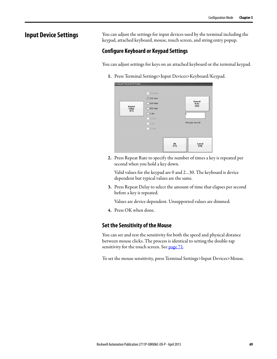 Input device settings, Configure keyboard or keypad settings, Set the sensitivity of the mouse | Rockwell Automation 2711P-xxxx PanelView Plus 6 Terminals User Manual User Manual | Page 69 / 186