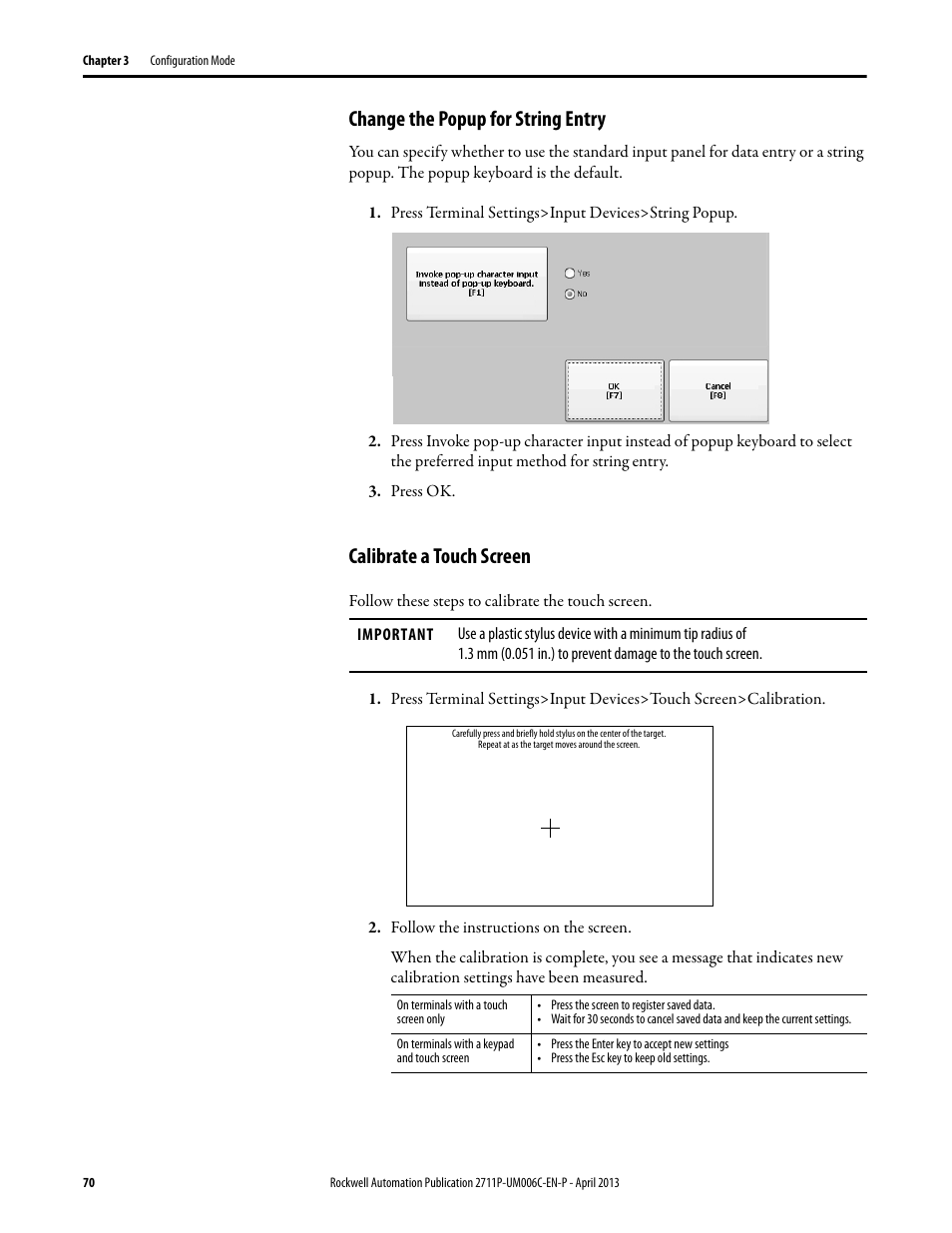 Change the popup for string entry, Calibrate a touch screen | Rockwell Automation 2711P-xxxx PanelView Plus 6 Terminals User Manual User Manual | Page 70 / 186