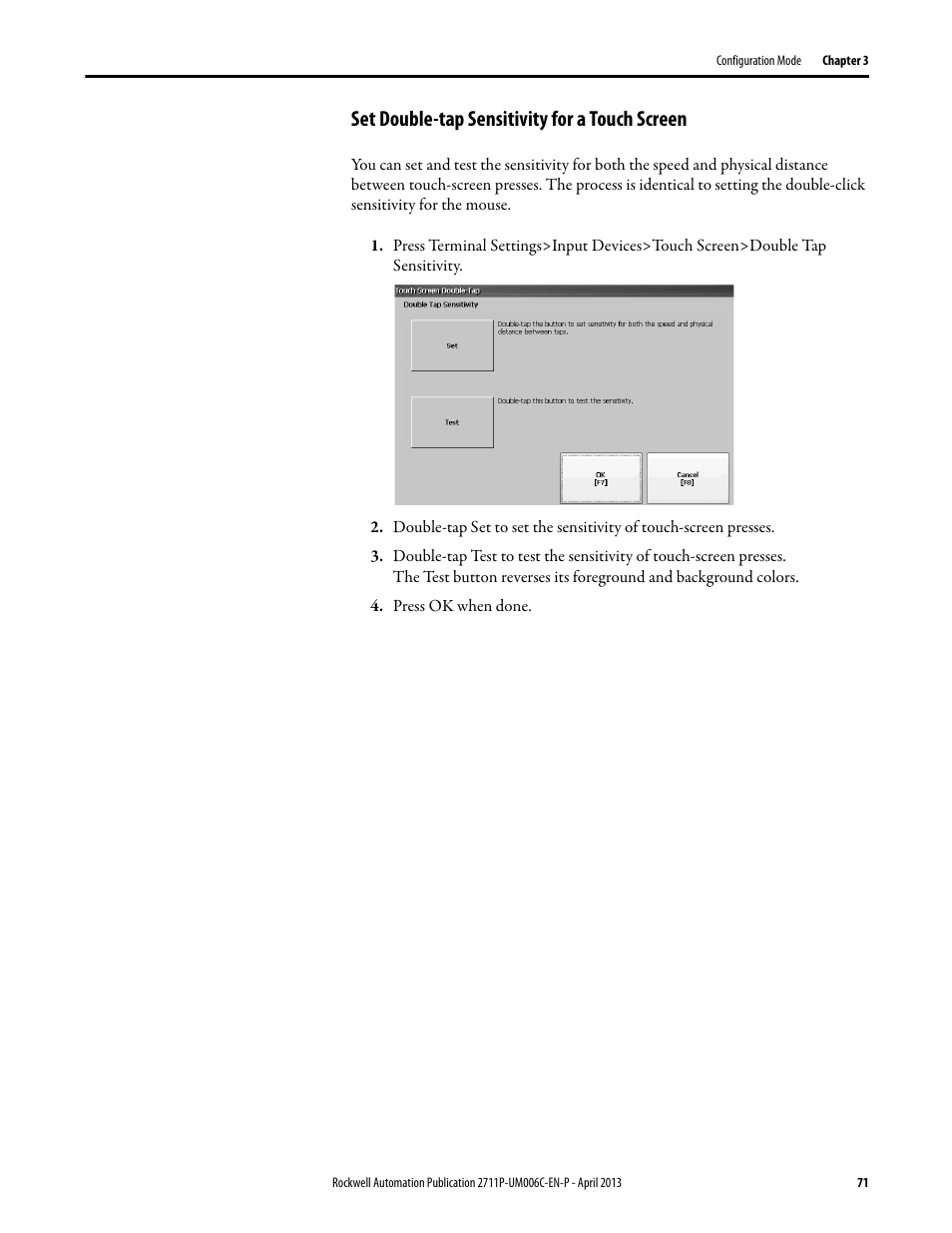 Set double-tap sensitivity for a touch screen | Rockwell Automation 2711P-xxxx PanelView Plus 6 Terminals User Manual User Manual | Page 71 / 186