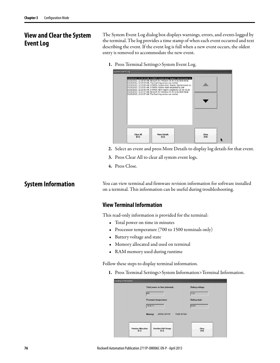 View and clear the system event log, System information, View terminal information | Rockwell Automation 2711P-xxxx PanelView Plus 6 Terminals User Manual User Manual | Page 76 / 186