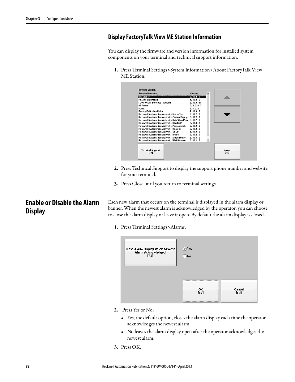 Display factorytalk view me station information, Enable or disable the alarm display | Rockwell Automation 2711P-xxxx PanelView Plus 6 Terminals User Manual User Manual | Page 78 / 186