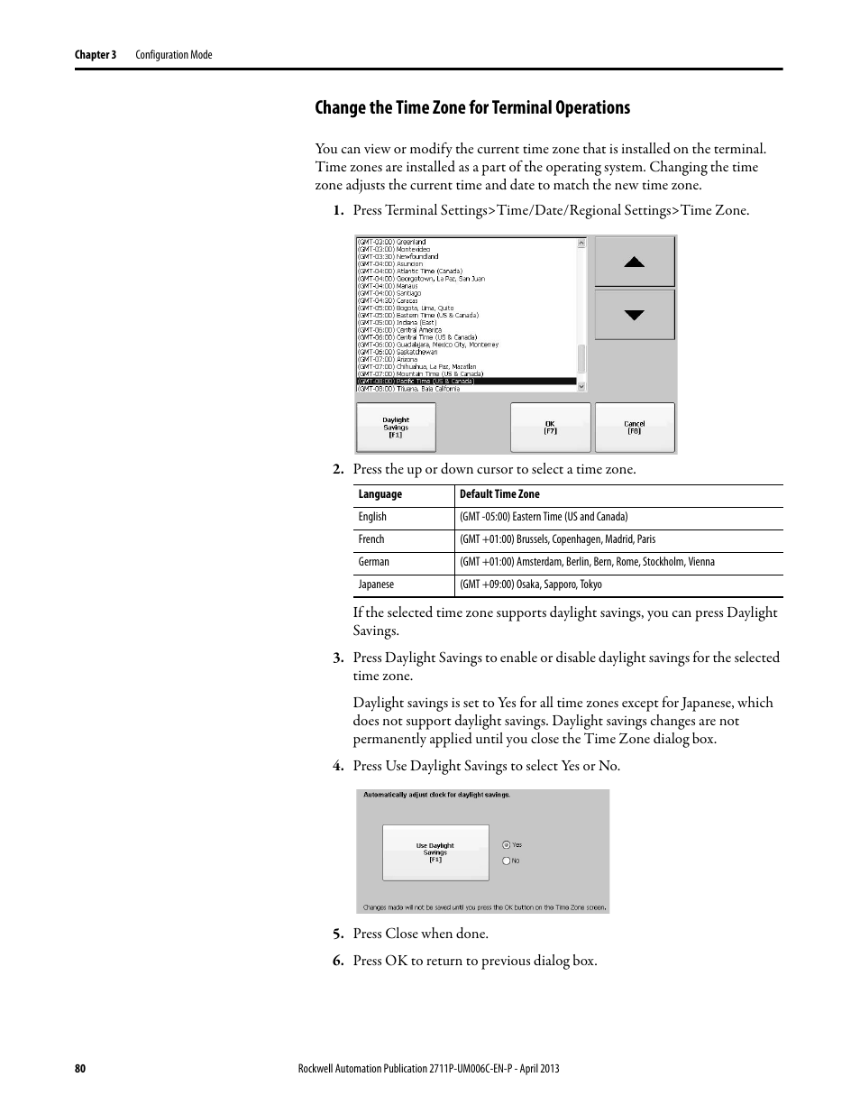 Change the time zone for terminal operations | Rockwell Automation 2711P-xxxx PanelView Plus 6 Terminals User Manual User Manual | Page 80 / 186