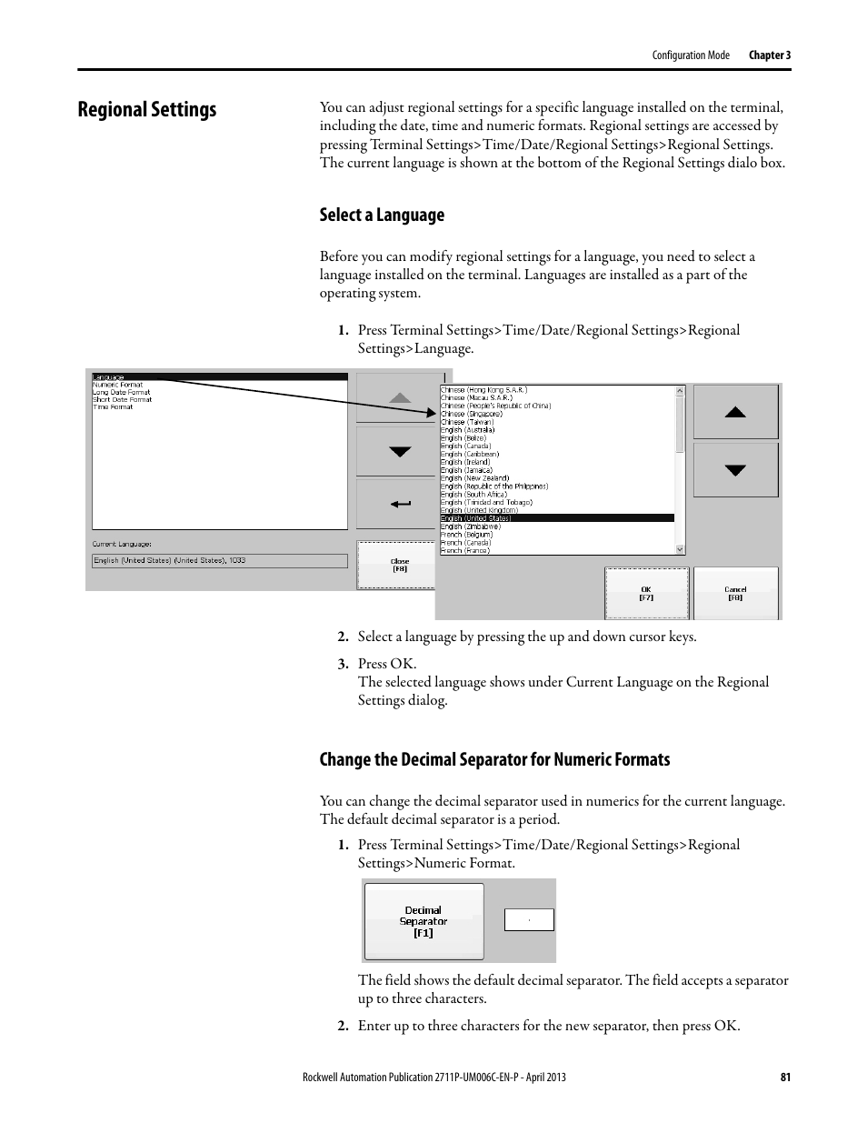 Regional settings, Select a language, Change the decimal separator for numeric formats | Rockwell Automation 2711P-xxxx PanelView Plus 6 Terminals User Manual User Manual | Page 81 / 186