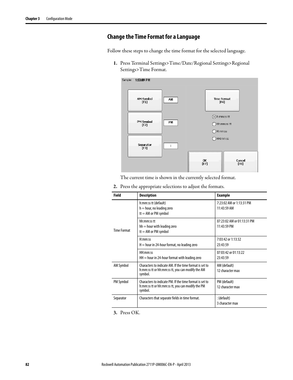 Change the time format for a language | Rockwell Automation 2711P-xxxx PanelView Plus 6 Terminals User Manual User Manual | Page 82 / 186