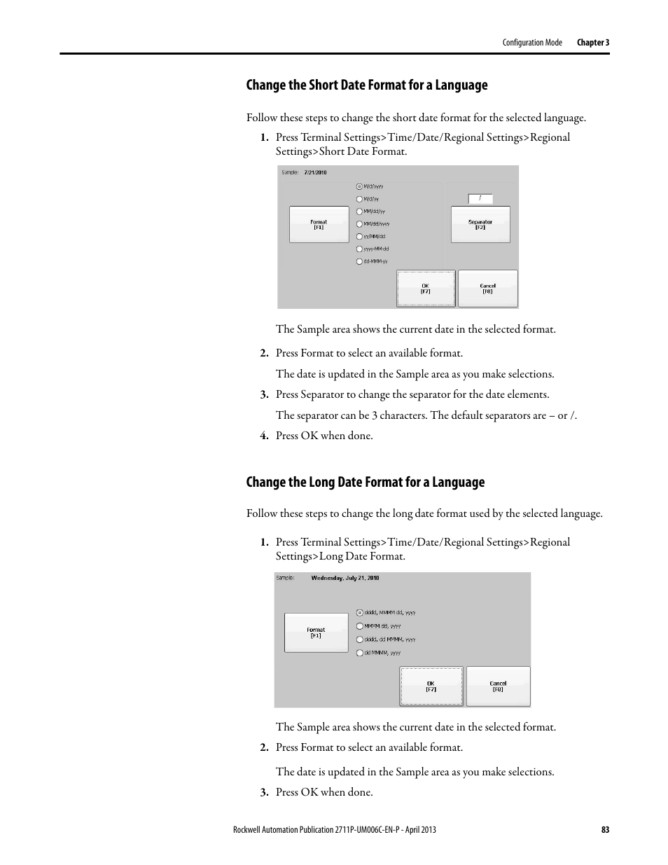 Change the short date format for a language, Change the long date format for a language | Rockwell Automation 2711P-xxxx PanelView Plus 6 Terminals User Manual User Manual | Page 83 / 186