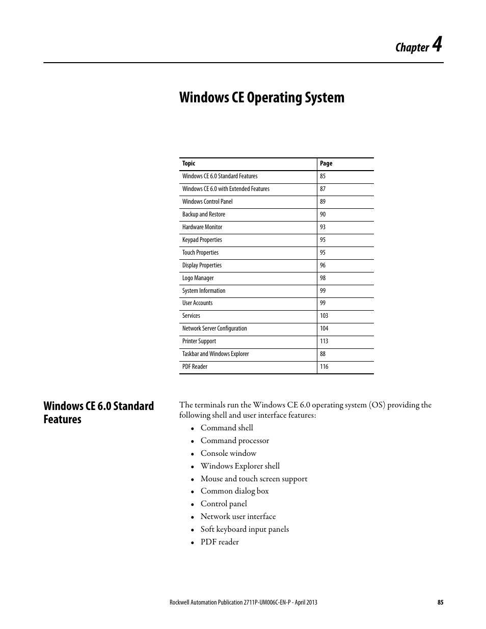 4 - windows ce operating system, Windows ce 6.0 standard features, Chapter 4 | Windows ce operating system, Chapter | Rockwell Automation 2711P-xxxx PanelView Plus 6 Terminals User Manual User Manual | Page 85 / 186