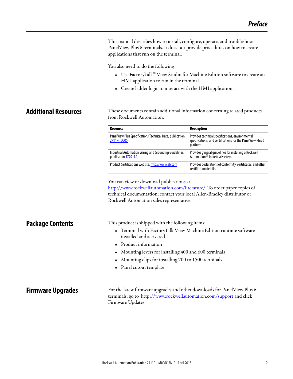 Preface, Additional resources, Package contents | Firmware upgrades | Rockwell Automation 2711P-xxxx PanelView Plus 6 Terminals User Manual User Manual | Page 9 / 186