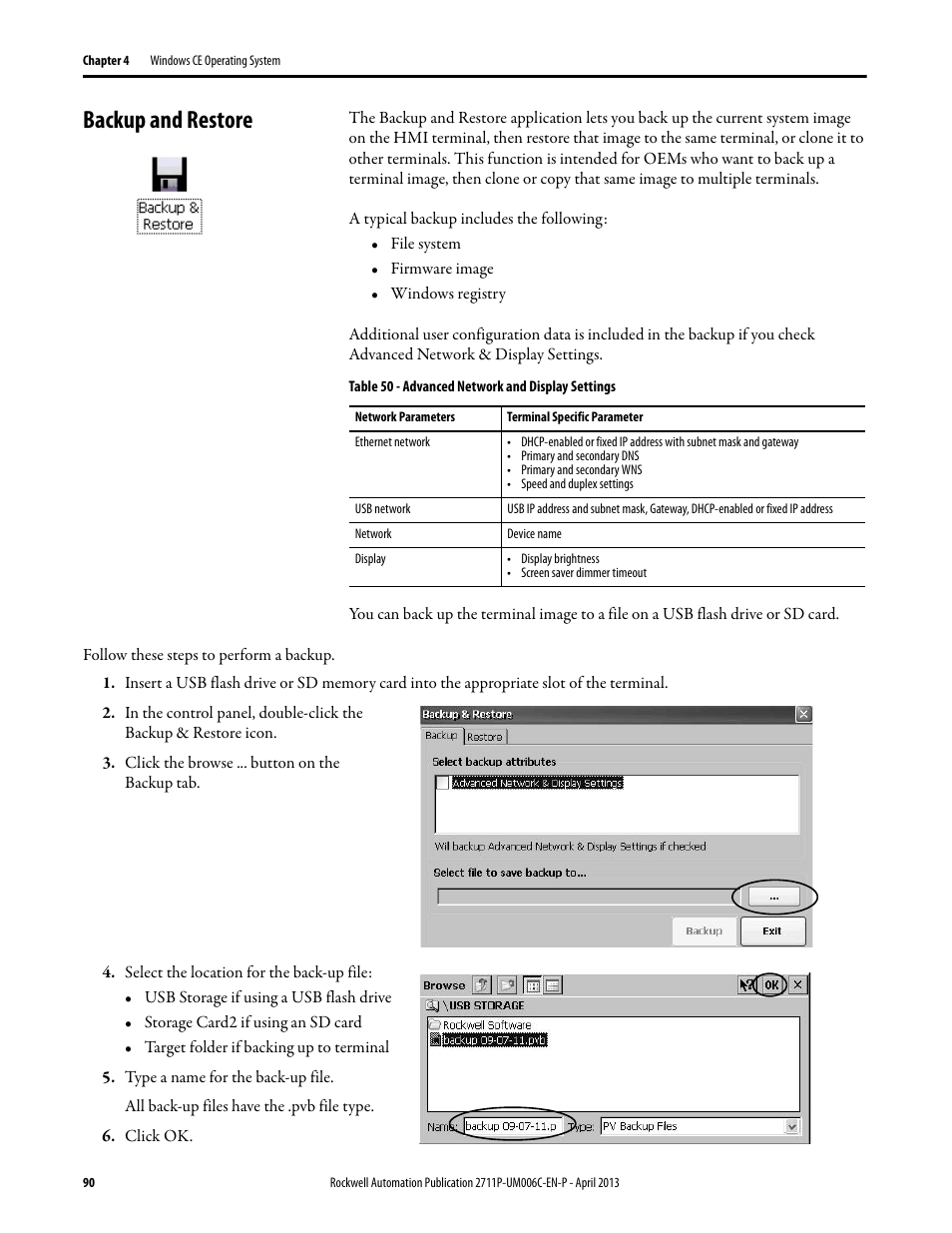 Backup and restore | Rockwell Automation 2711P-xxxx PanelView Plus 6 Terminals User Manual User Manual | Page 90 / 186