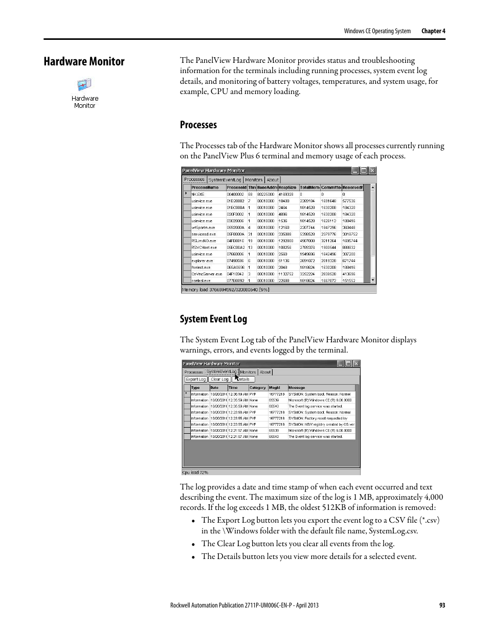 Hardware monitor, Processes, System event log | Rockwell Automation 2711P-xxxx PanelView Plus 6 Terminals User Manual User Manual | Page 93 / 186