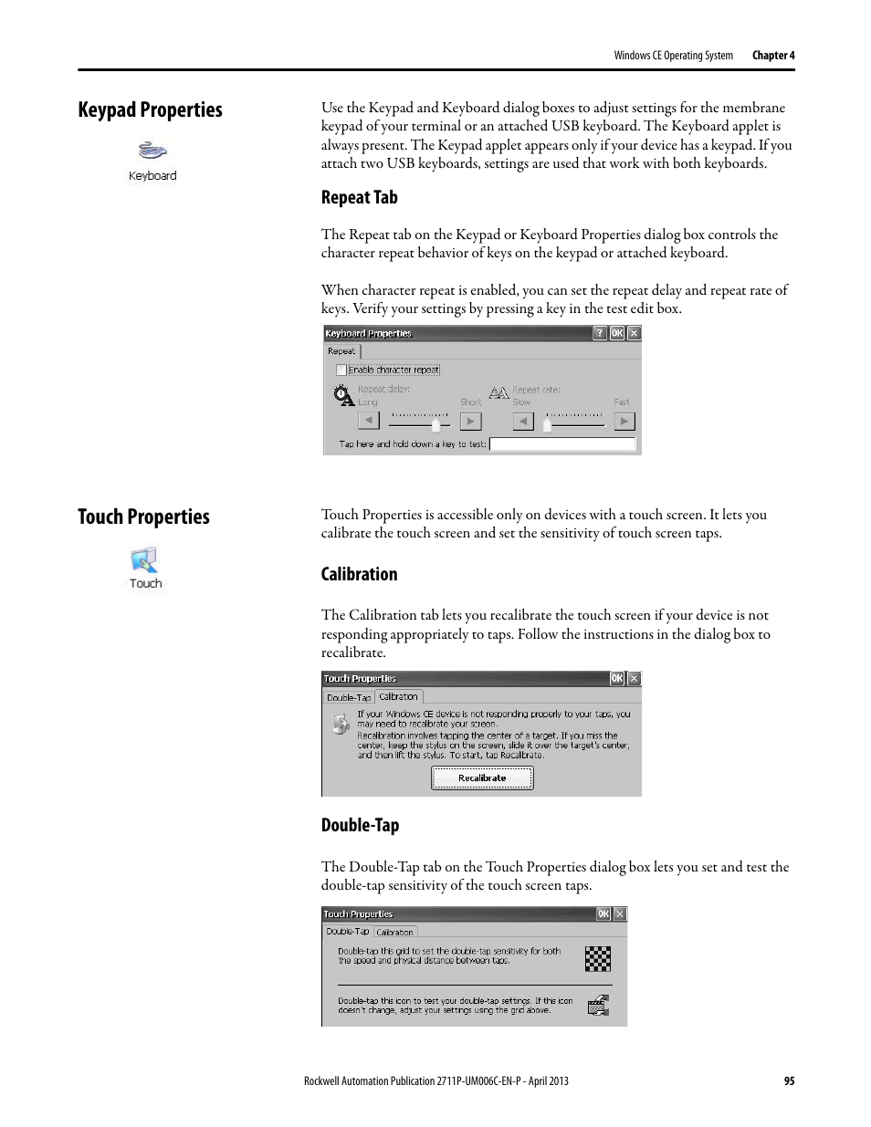 Keypad properties, Repeat tab, Touch properties | Calibration, Double-tap, Keypad properties touch properties | Rockwell Automation 2711P-xxxx PanelView Plus 6 Terminals User Manual User Manual | Page 95 / 186