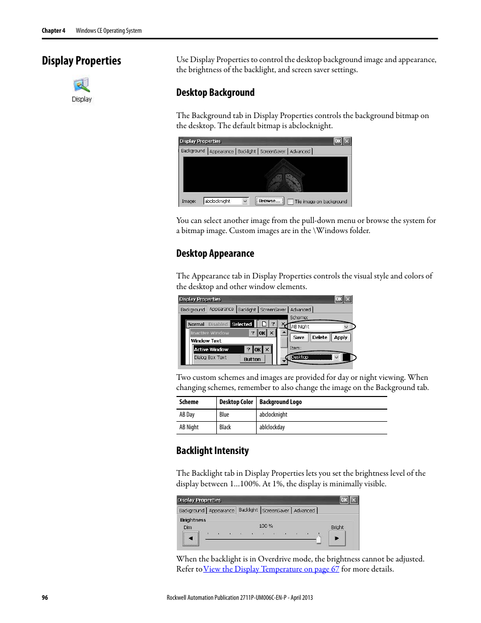 Display properties, Desktop background, Desktop appearance | Backlight intensity | Rockwell Automation 2711P-xxxx PanelView Plus 6 Terminals User Manual User Manual | Page 96 / 186