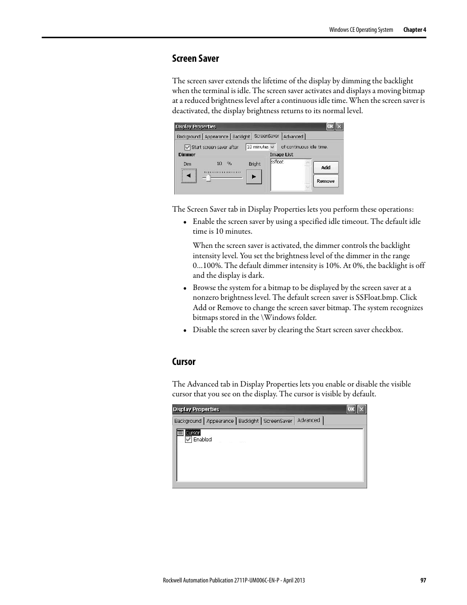 Screen saver, Cursor | Rockwell Automation 2711P-xxxx PanelView Plus 6 Terminals User Manual User Manual | Page 97 / 186