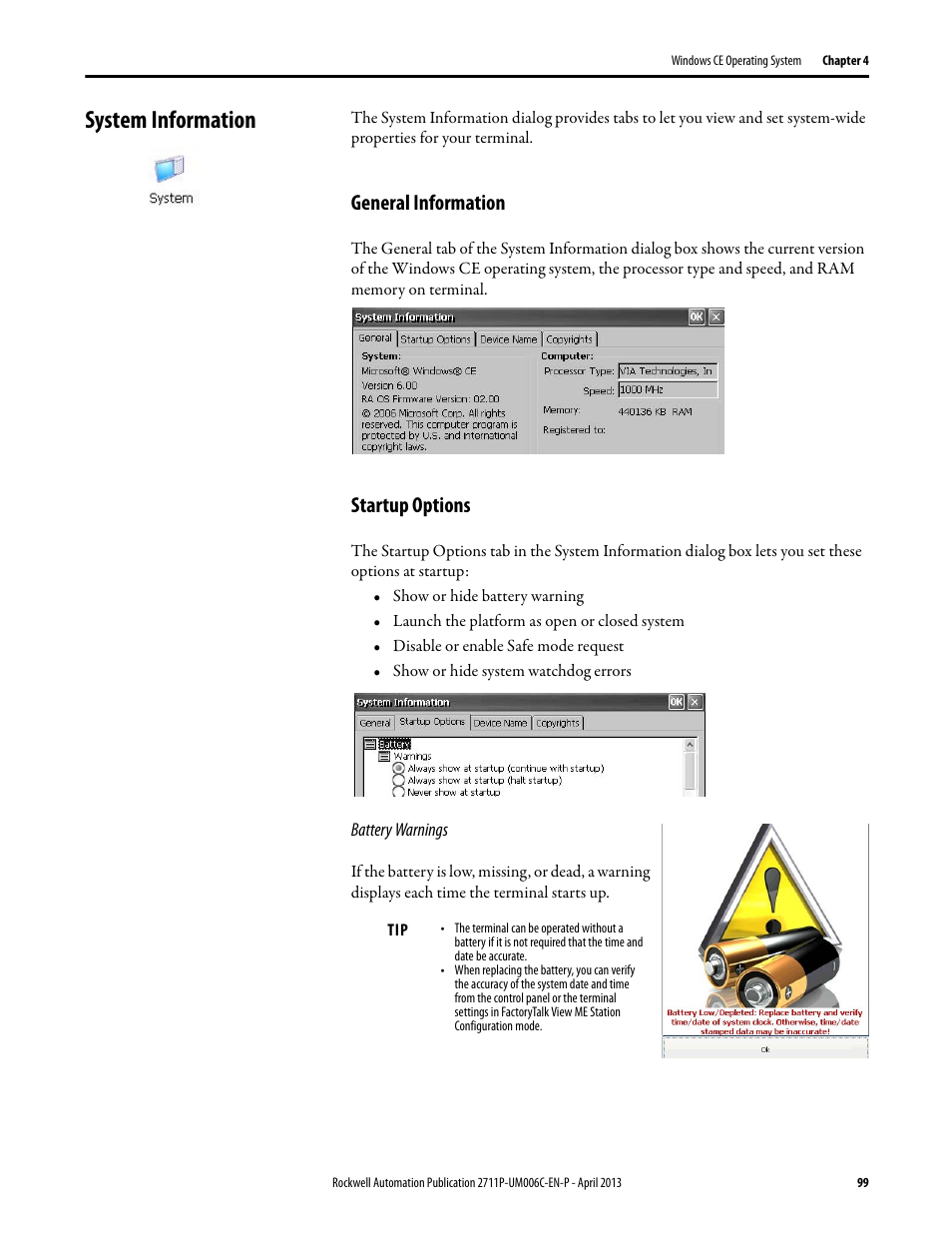 System information, General information, Startup options | Rockwell Automation 2711P-xxxx PanelView Plus 6 Terminals User Manual User Manual | Page 99 / 186