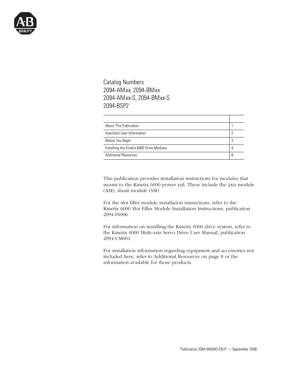 Rockwell Automation 2094 Kinetix 6000 Axis Module and Shunt Module Install User Manual | 8 pages