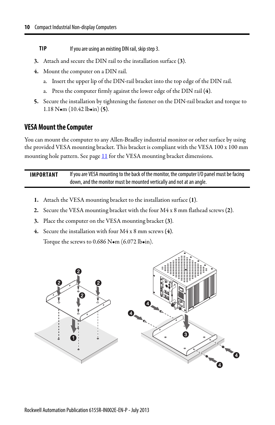 Vesa mount the computer | Rockwell Automation 6155F-NPXPDC Compact Non-display Computers User Manual | Page 10 / 20