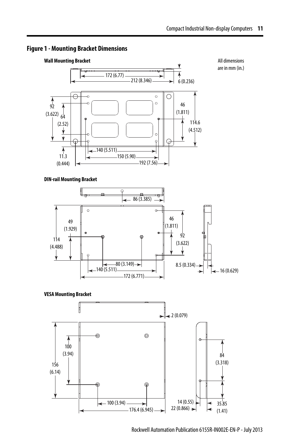 Figure 1 - mounting bracket dimensions | Rockwell Automation 6155F-NPXPDC Compact Non-display Computers User Manual | Page 11 / 20