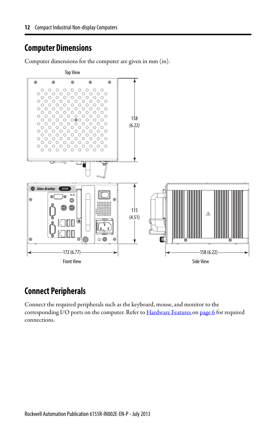 Computer dimensions, Connect peripherals | Rockwell Automation 6155F-NPXPDC Compact Non-display Computers User Manual | Page 12 / 20