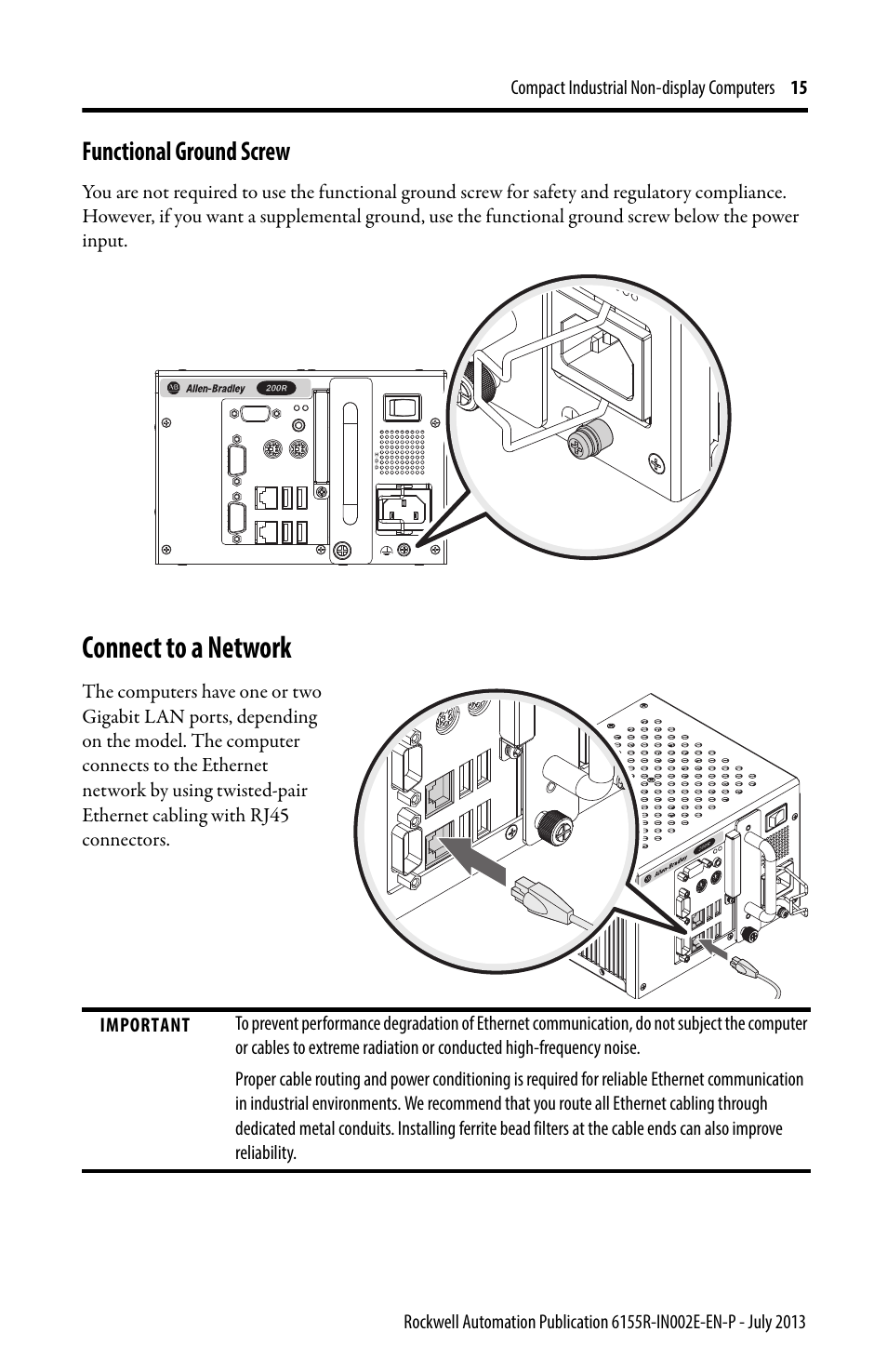 Functional ground screw, Connect to a network | Rockwell Automation 6155F-NPXPDC Compact Non-display Computers User Manual | Page 15 / 20