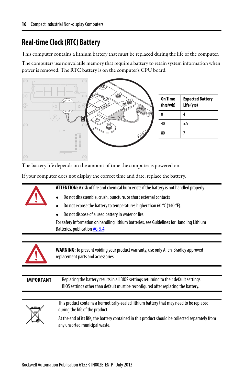 Real-time clock (rtc) battery | Rockwell Automation 6155F-NPXPDC Compact Non-display Computers User Manual | Page 16 / 20