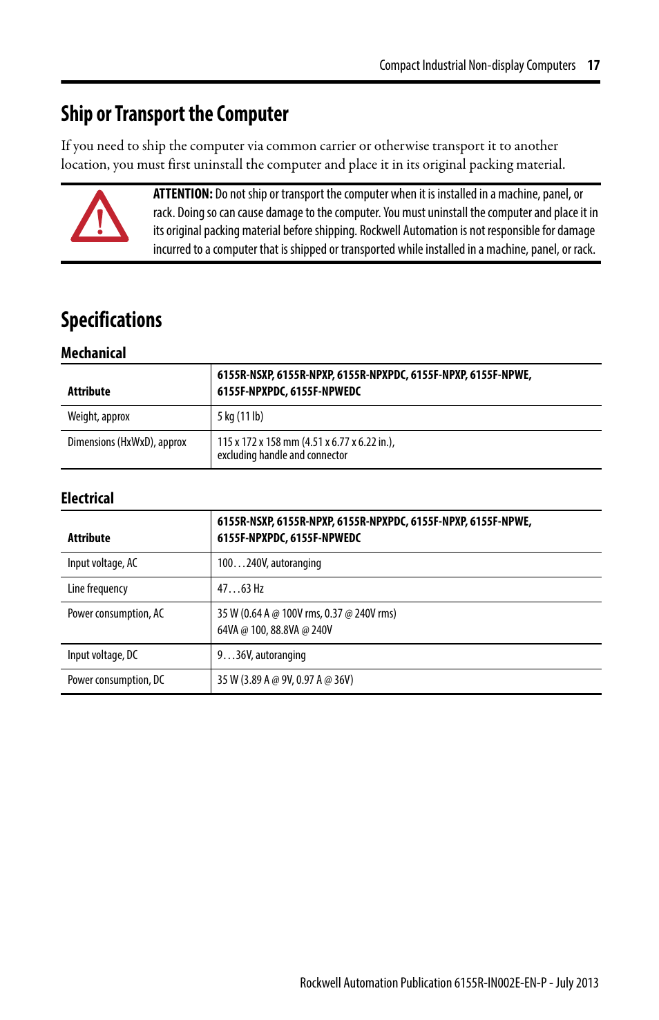 Ship or transport the computer, Specifications | Rockwell Automation 6155F-NPXPDC Compact Non-display Computers User Manual | Page 17 / 20